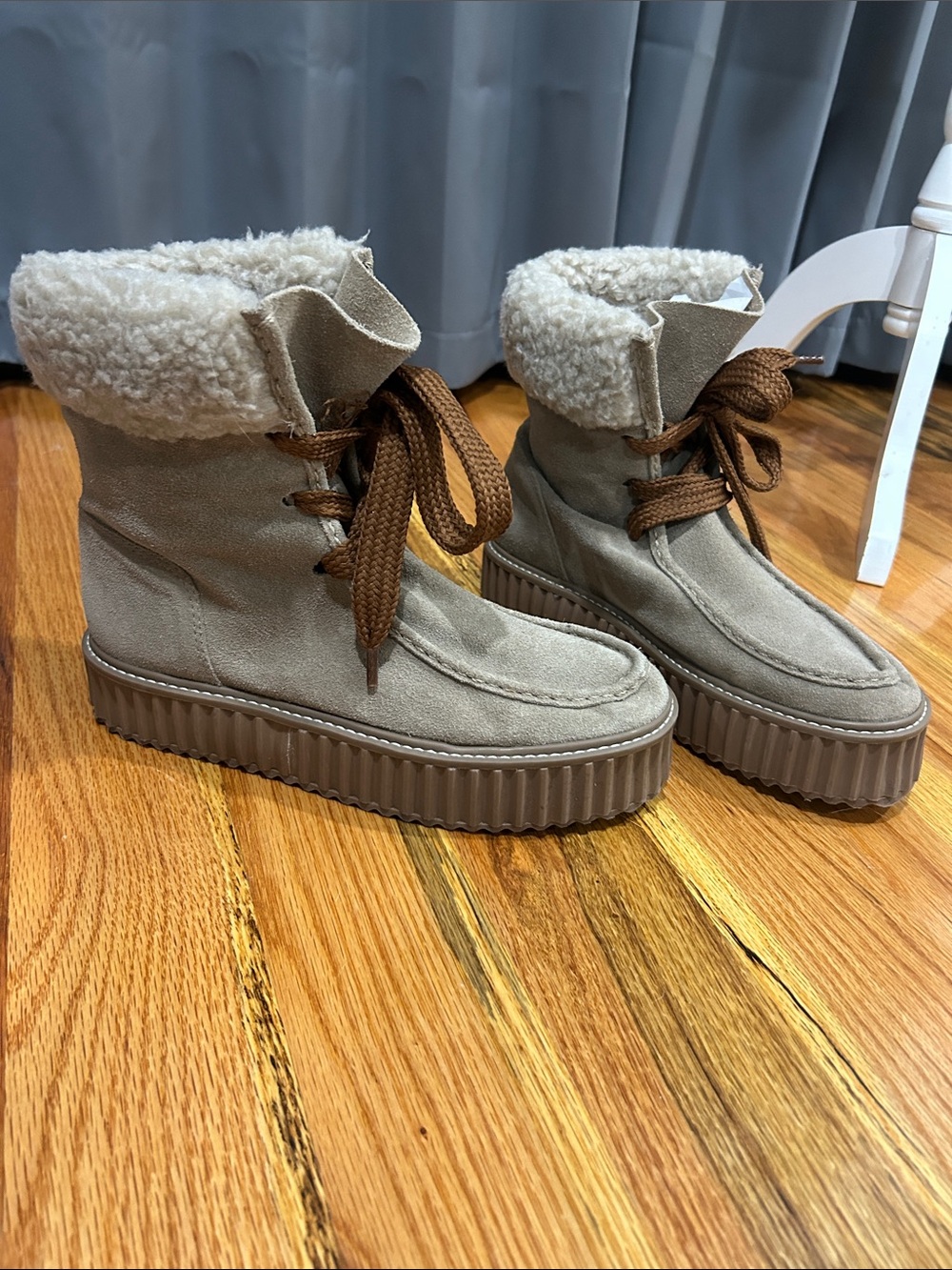 Aster Cozy Faux-Sherpa Lace-Up Winter Boots in Taupe and Brown. Made in Brazil